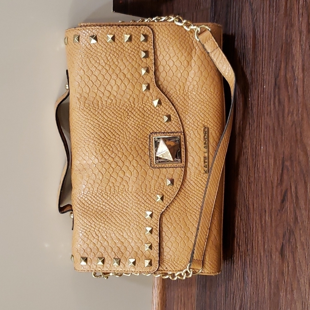 COPY - KATE LANDRY tan purse. Handle on top. Removable chain shoulder strap.
